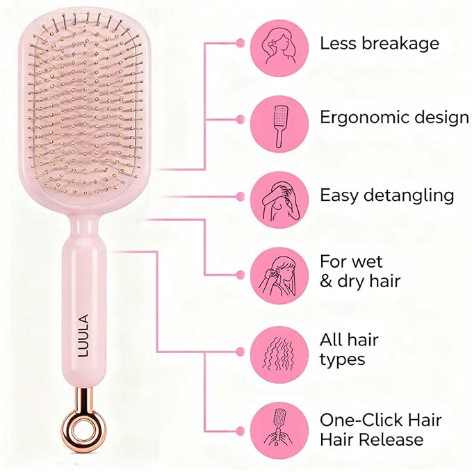 Retractable Cushion Massage Comb for Wet & Dry Hair, Anti-Static Self Cleaning Hair Brush for All Hair Types, Soft Bristles, Easy Eliminates Knots, Detangling Hairbrush for Women Men (Pink)