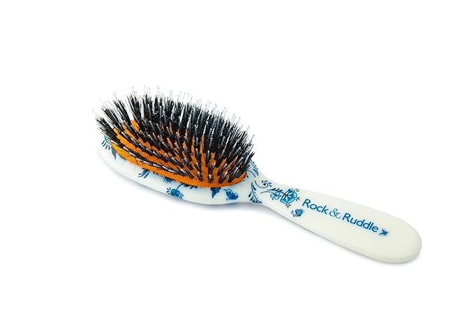 Rock & Ruddle Natural Mixed Boar Bristle Hair Brush for Women and Kids (Small/Travel Size, 17.5cm - Perfect for Wet or Dry Hair, Detangling Smoothing Blowdrying - Made in UK - Pretty Blue