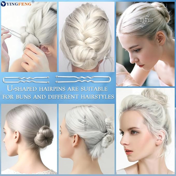510PCS Silve Bobby Pins Hair Pins Kit with Hair Net, YINGFENG Includes 100 Bobby Pins for Women, 100 U-Shaped Buns Hair Clips, 300 Hair Bands and 10 White Hair Nets, for Gray Hair