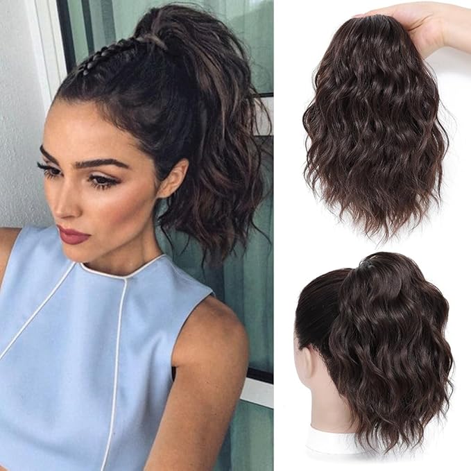 Ponytail Extension-12 Inch Drawstring Ponytail Hair Extensions for Women Synthetic Curly Wavy Fake Pony Tails Hair Pieces for Daily Party Use (Brown)