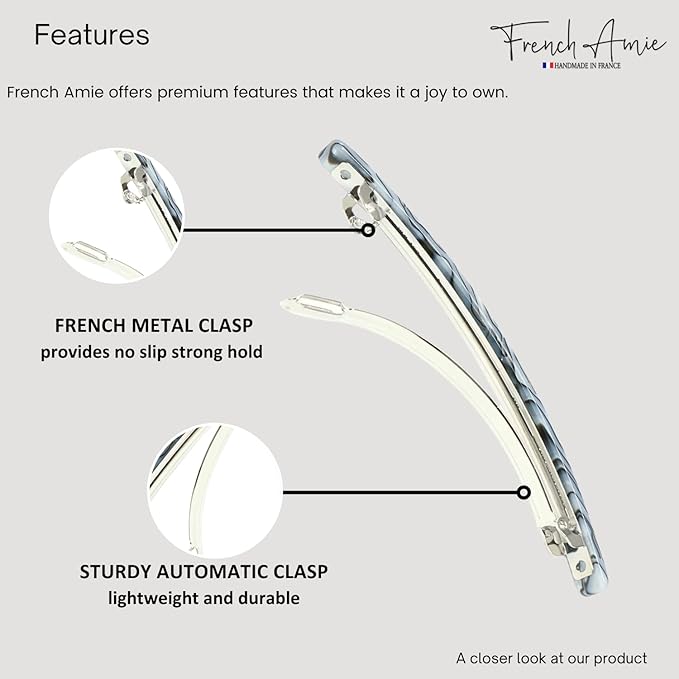 French Amie Long and Thin Large 4" Handmade Celluloid Hair Barrette Clip for Girls Automatic Strong Hold Hair Clips for Women No Slip Durable Paris Hair Accessories, Made in France (Gray Magma)