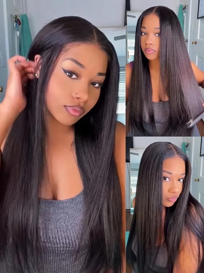Julia Hair Yaki Straight Pre Cut HD Lace Closure Wigs Human Hair with Elastic Drawstring Glueless Wig Human Hair 7x5 Lace Front Bye Bye Knots Wig Pre Plucked Bleached Knots Natural Hairline 26 Inch