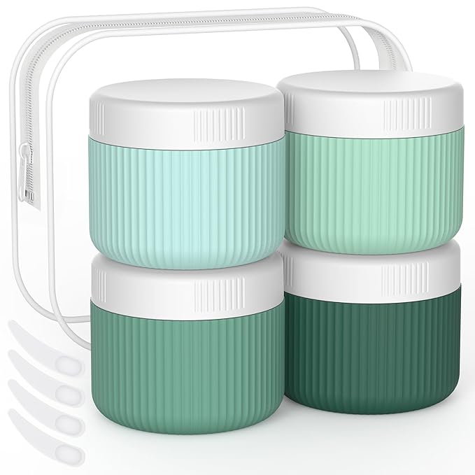 ME.FAN Travel Containers for Toiletries, TSA Approved 2 oz Silicone Cream Jars, Leak-proof Journey Containers, Trip Accessories with Lid for Cosmetic Face Hand Body Cream 4 Pack White Lid Blue