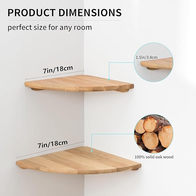 Corner Shelves, Floating Corner Shelf, Set of 2 7inch Solid Oak Wood Wall Shelves, Round End Wall Mount with Wire Hole Shelving for Small Plant for Bedroom Kitchen, Living Room