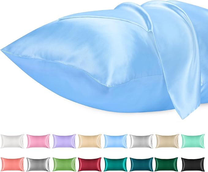 Lirex Satin Pillowcase for Hair and Skin, Super Soft and Cooling Similar to Silk, 2 Pack Queen Size 20"X 30" Pillow Cases with Envelope Closure, Gifts for Women Men, Light Blue