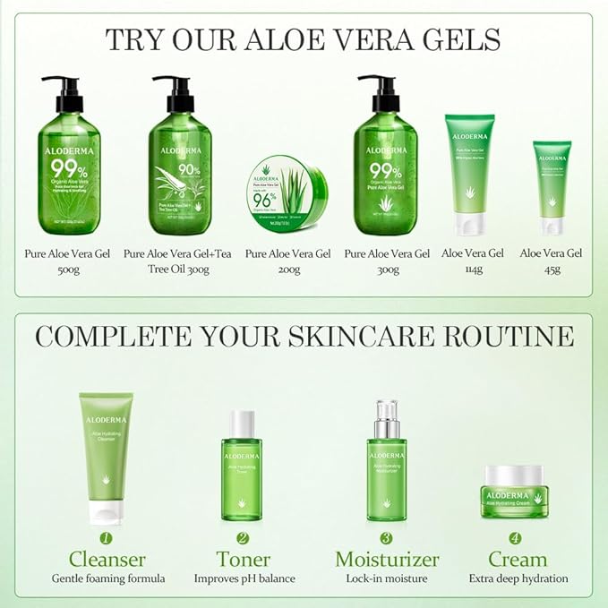 Aloderma 99% Organic Aloe Vera Gel Made within 12 Hours of Harvest - Pump Bottle - Lightweight Aloe Gel for Face and Body, Soothing and Hydrating Sunburn Relief, Great for Scalp & Hair, 3btls x 10.6oz