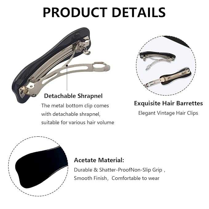 Hair Clips for Women,3.5 Inch Acetate Medium Hair Claw Clips for Women Thin Thick Curly Hair,Strong Hold No Slip Grip,French Classic Multicolor Barrettes Hair （Black Bow ）