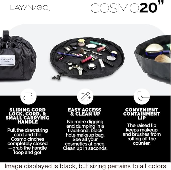 Lay-n-Go Cosmo Layflat Drawstring Cosmetic & Makeup Bag Organizer - Portable Drawstring Bag w/Zipper Pocket, Makeup Loops & More - Durable, Machine Washable Toiletry Bag for Travel (22", Checked)