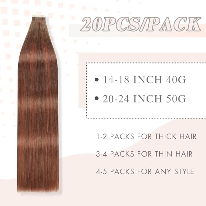 Human Hair Tape in Extensions, Chocolate Brown to Auburn Brown Extensions Real Human Hair 20 Inch 20pcs Remy Straight Tape ins Invisible Tape in Hair Extensions Human Hair (#4/33/4,20 Inch)