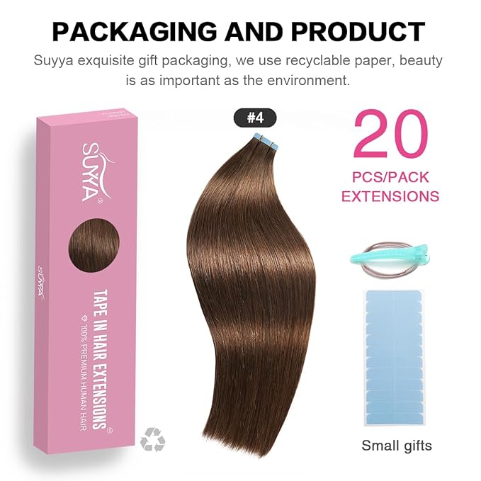 SUYYA Tape in Hair Extensions Human Hair Chocolate Brown Remy Human Hair 18 inches 50g 20pcs Straight Seamless Skin Weft Tape in Human Hair Extensions(18 inches #4 Dark Brown)