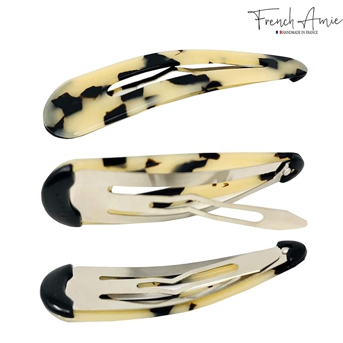 French Amie Clic Clac Large Handmade Celluloid Acetate Set of 2 Snap Hair Clips No Slip Side Slide-in Barrette for Women and Girls (White Tokyo)