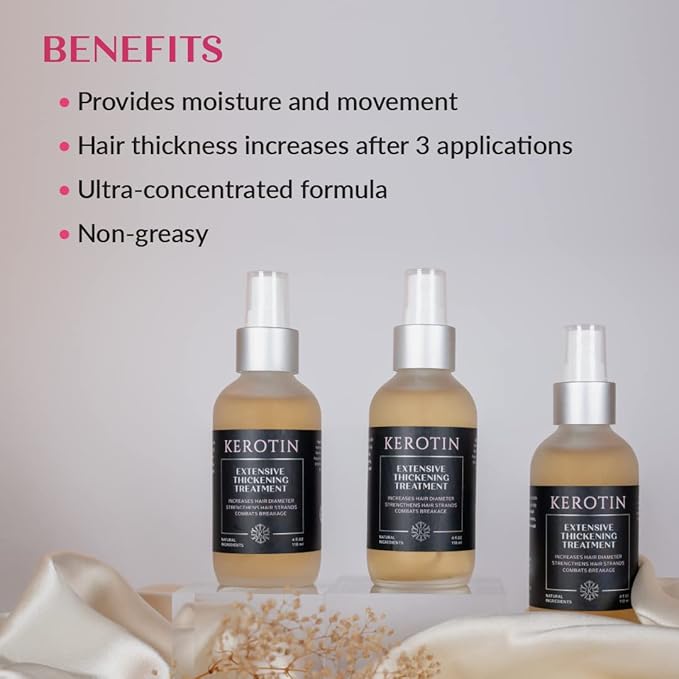 Kerotin Hair Thickening Spray w/Keratin for Fine & Thin Hair Growth in Women, Heat Protectant, Repair Mist for Volume, Body & Shine, Diameter Booster, Natural & Cruelty Free, Made in USA - 3 Pack