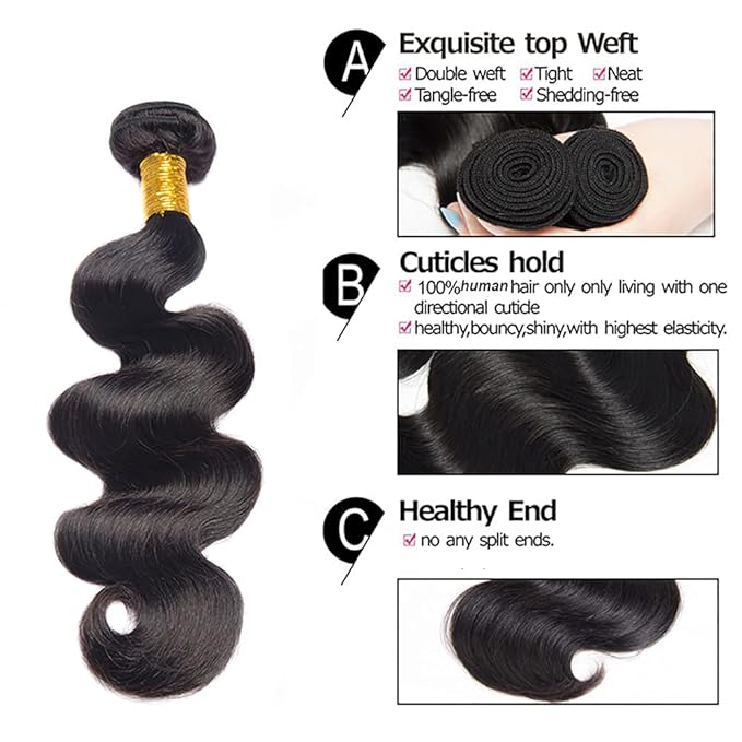 Human Hair Bundles Color 1B Body Wave Bundle Niegmeag Brazilian Virgin Soft and Silky Remy Hair 3 Bundles 16 18 20 Inch Natural Black Body Wave Bundle Double Weft Hair Weave