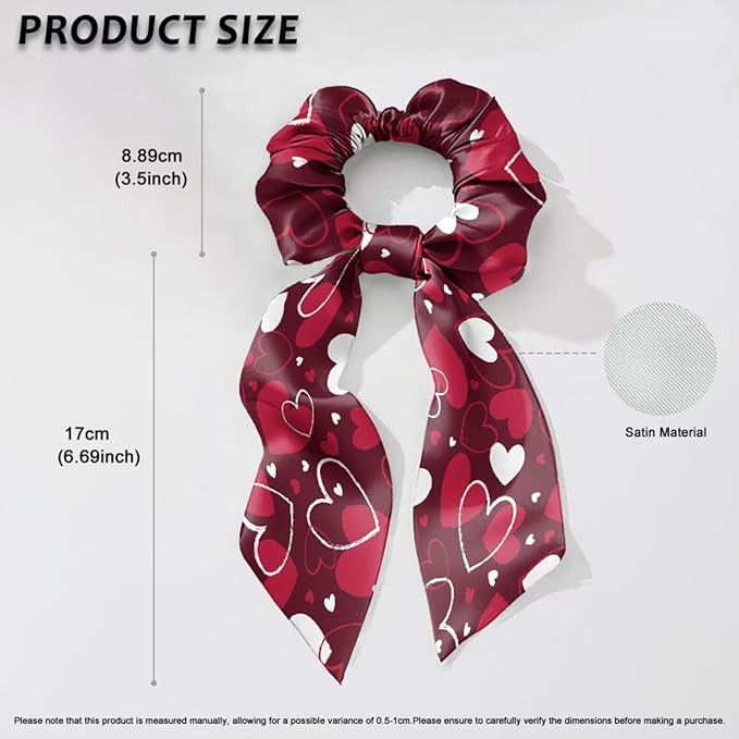 Pack of 2 Love Heart Pink Scrunchies Hair Ties for Women Red Satin Scarf Scunchies Valentine's Day Theme Bow Hair Ties with Long Tails for Yoga Sport