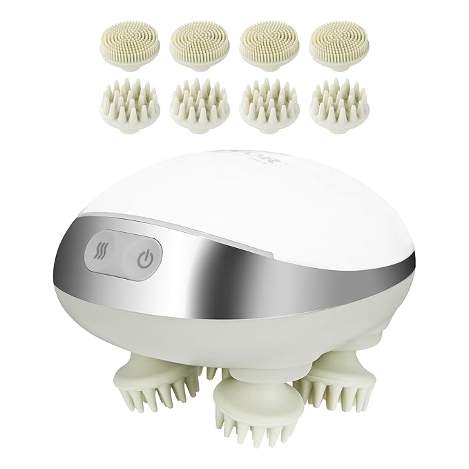 VEVOR Electric Scalp Massager with Heat, Rechargeable Heated Head Massager, IPX7 Waterproof | Portable Kneading Scalp Scratcher with 8 Removable Massage Head for Hair Growth, Deep Clean, Stress Relax
