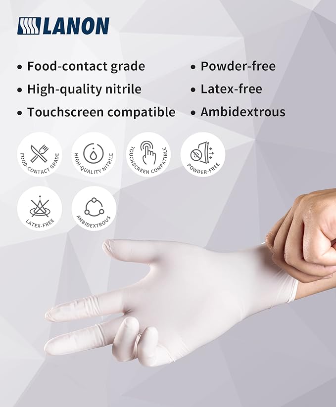 LANON Food Safe White Disposable Nitrile Gloves, Latex-Free, Powder-Free, Textured Fingertips, Cooking, Cleaning, Large