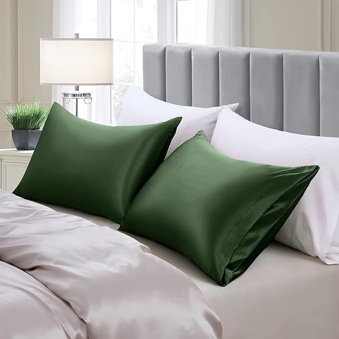 Aormenzy Satin Pillow Cases for Women Standard Size Set of 2, Woodland Green Satin Pillowcase for Hair with Envelope Closure Silky Pillow Covers Wrinkle, Fade Resistant (20x26 Inches)