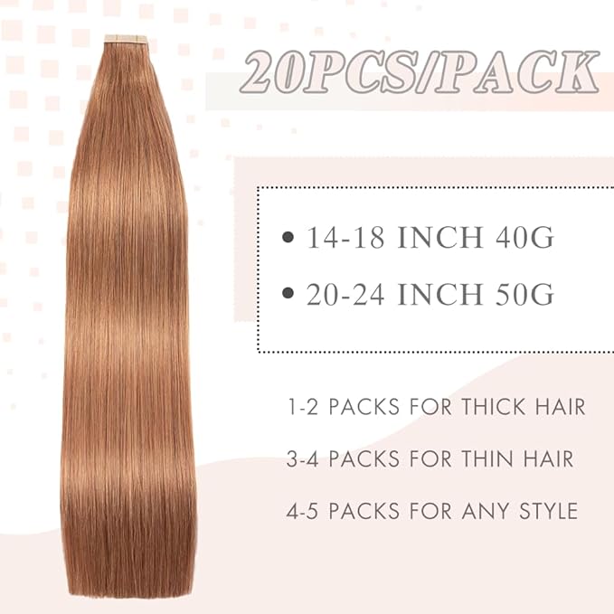 Tape in Hair Extensions Real Human Hair 24 Inch Light Brown Double Sided Tape for Skin Weft Hair Extension Invisible Tape in Hair Extensions Straight Remy Human Hair for Women 20pcs (30#,24 Inch)