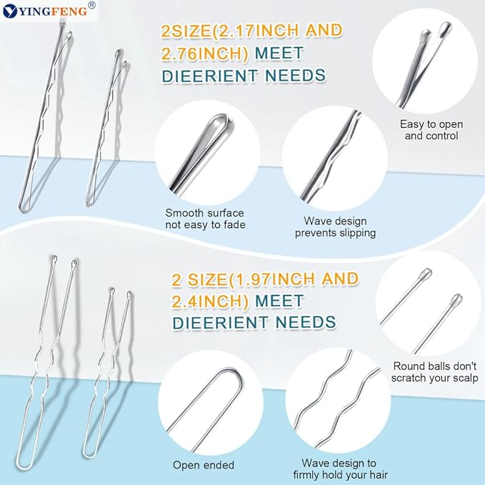 510PCS Silve Bobby Pins Hair Pins Kit with Hair Net, YINGFENG Includes 100 Bobby Pins for Women, 100 U-Shaped Buns Hair Clips, 300 Hair Bands and 10 White Hair Nets, for Gray Hair