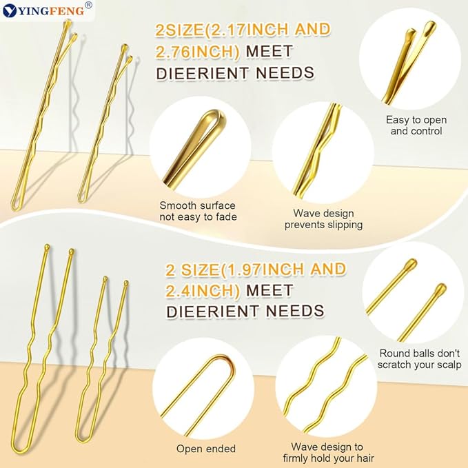 510PCS Blonde Bobby Pins Hair Pins Kit with Hair Net, YINGFENG Includes 100 Bobby Pins for Women, 100 U Shaped Buns Hair Clips, 300 Hair Bands and 10 Blonde Hair Nets, Dance competition must haves