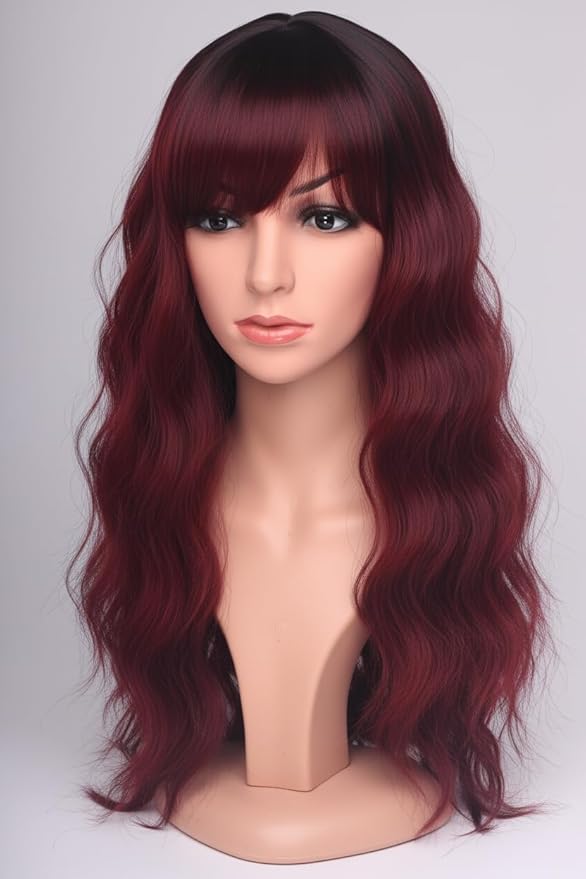 24 Inch Burgundy Wavy Wig with Bangs, Heat Resistant Synthetic Hair for Women, Adjustable Cap with Snap Clips for Daily Use, Wedding, Cosplay