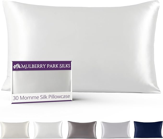 Mulberry Park 30 Momme 100% Pure Mulberry Silk Pillowcase - Luxury Charmeuse Weave for Hair and Skin, Cooling Silk Pillow Cover for Beauty Sleep - King Size 20"x36" / White