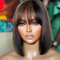 Bob Wig Human Hair with Bangs Glueless 2.5x1 HD Lace Colsure Wigs Human, Bob Wig with Brown Highlights, Ready to Go Short Wigs For Women Beginner Friendly 14 Inch