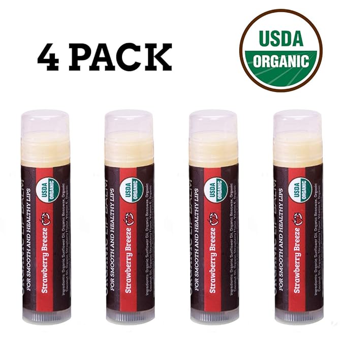 USDA Organic Lip Balm 4-Pack by Earth's Daughter - Strawberry Flavor, Beeswax, Coconut Oil, Vitamin E - Best Lip Repair Chapstick for Dry Cracked Lips.