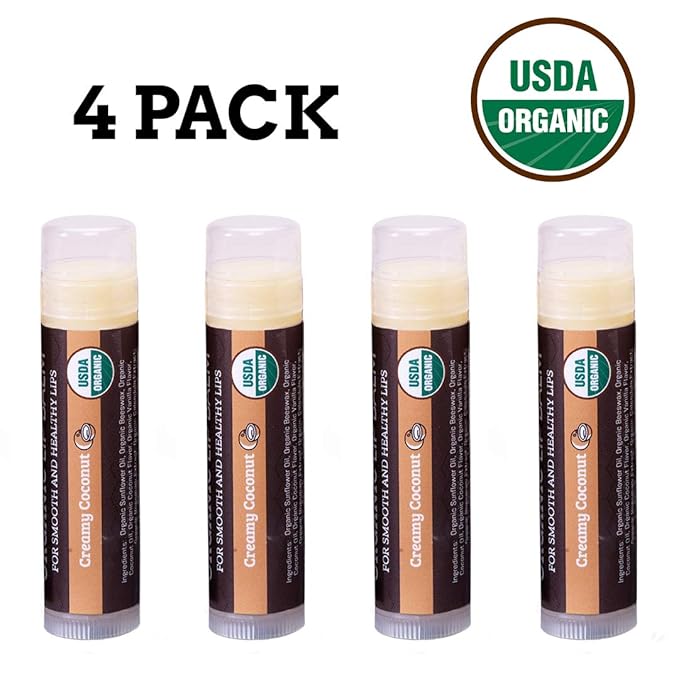 USDA Organic Lip Balm 4-Pack by Earth's Daughter - Creamy Coconut Flavor, Beeswax, Coconut Oil, Vitamin E - Best Lip Repair Chapstick for Dry Cracked Lips