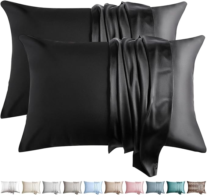 100% Silk Pillow Cases 2 Pack Standard Size Mulberry Silk Pillowcase for Hair and Skin Set of 2 Highest Grade 6A Silk Soft Breathable Cooling with Hidden Zipper, Black