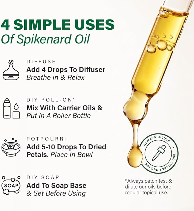 KUKKA Spikenard Essential Oils - 1 Fl Oz - for Hair, Skin, Diffuser, Aromatherapy & DIY Soap Making Scent