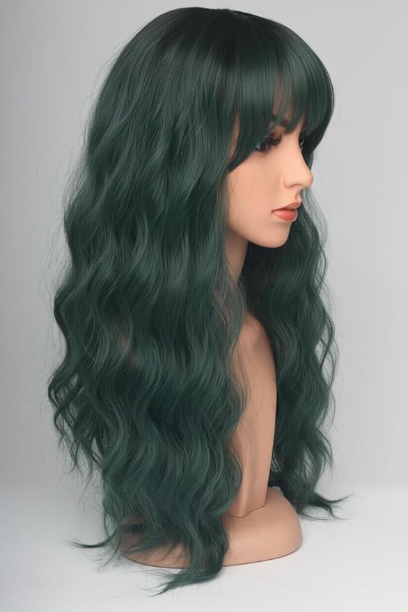24 Inch Forest Green Wavy Wig with Bangs, Heat Resistant Synthetic Hair for Women, Adjustable Cap with Snap Clips for Daily Use, Wedding, Cosplay