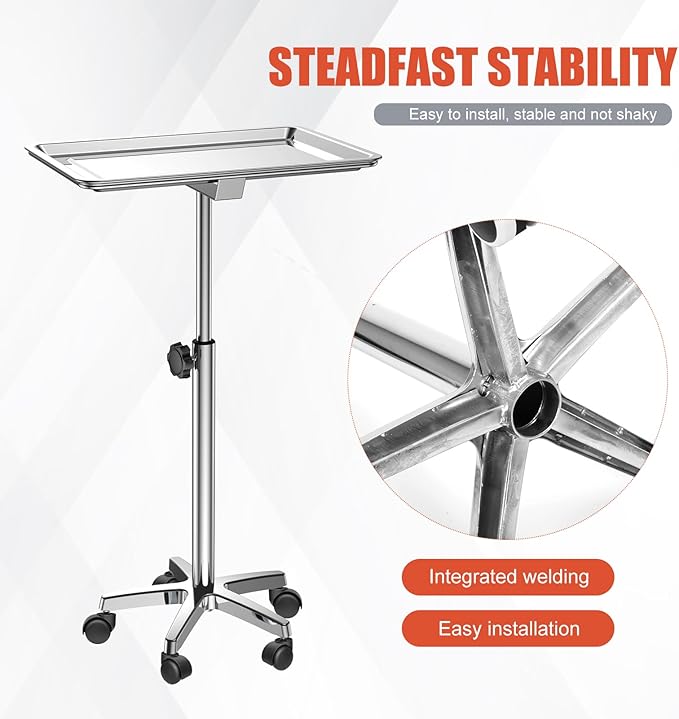 ChoJiah Extra Large Mayo Stand Rolling Salon Tray Hairstylist Tray Heavy Duty Tattoo Tray, Ideal Use for for Hair Salon Dental Hairstylist Cart