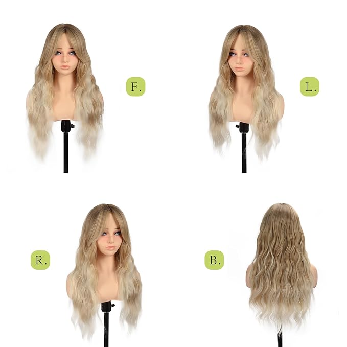 Long Wavy Ombre Ash Blonde Wig with Curtain Bangs for Women 26 Inch Synthetic Wig Natural Looking Heat Resistant Fiber Hair Wig for Daily Party Halloween Cosplay Use