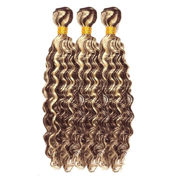 Highlight Bundles Human Hair P4/613 Deep Wave Bundle 26 28 30 Inch Niegmeag Brazilian Virgin Remy Hair Extensions Double Weft 2 Tone Brown and Blonde Bundles 300g