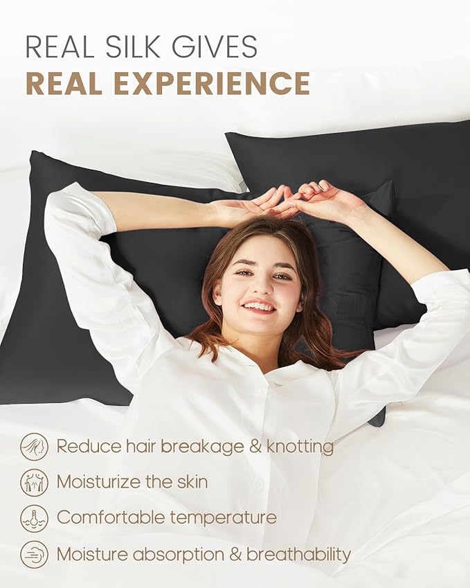 THXSILK Silk Pillowcase for Hair and Skin, 100% Mulberry Silk Grade 6A+ Silk Both Sides Bed Pillow Cover with Hidden Zipper, 1pc Hypoallergenic Pillowcase (King Size 20"x36", Black)