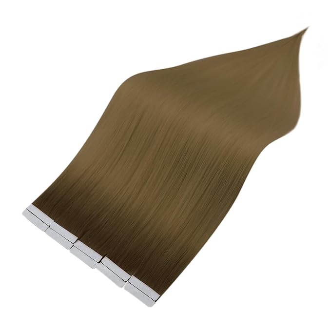 Full Shine Injected Tape in Hair Extensions Color R3 Dark Brown to 8 Light Brown Ombre Seamless Tape in Extensions Virgin Real Human Hair 18Inch Silky Straight 12.5Grams 5Pcs for Postpartum Women