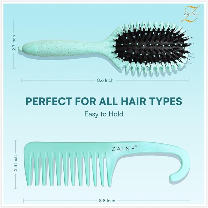 ZAINY Curl Defining Curly Hair Brush 2 PC Set, Wide Tooth Comb for Curls, Detangler Wet Hairbrush & Shower Comb for Wavy Hair Styling, Detangling Gift Sets for Women, Girls, Kids, Toddler, Men - Green