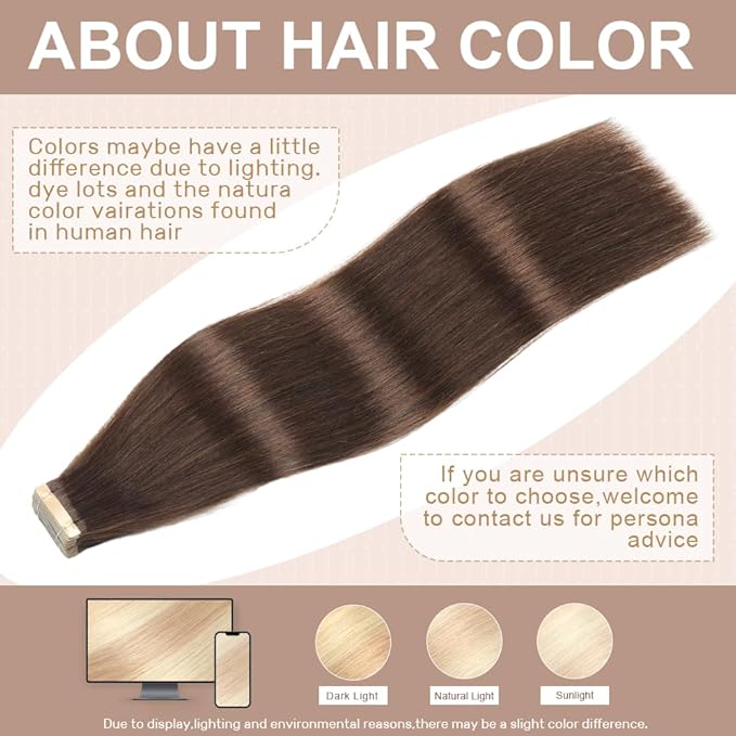 Tape in Hair Extensions Human Hair Dark Brown 22 Inch 20Pcs Tape Ins for Women Straight Invisible Seamless Remy