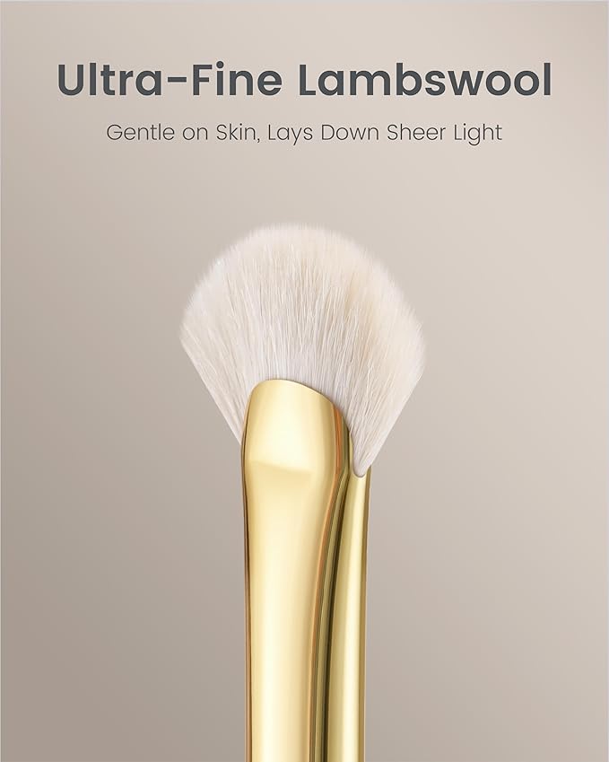 Desert Oak Series Mini Fan Brush - Ultra-Fine Goat Hair for Precision Highlighting, Flat Fan Shape Targets Cheekbones/Nose Bridge, Ebana Bubinga Handle & Brass Ferrule (CM 166)