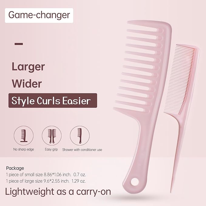 Wide Tooth Comb for Women Curls Styling, Pink Large Hair Comb for Wet or Dry Use in Shower, Blow Drying, Travel - Hurt-Free Brushing on All Hair Types, 1 Pack