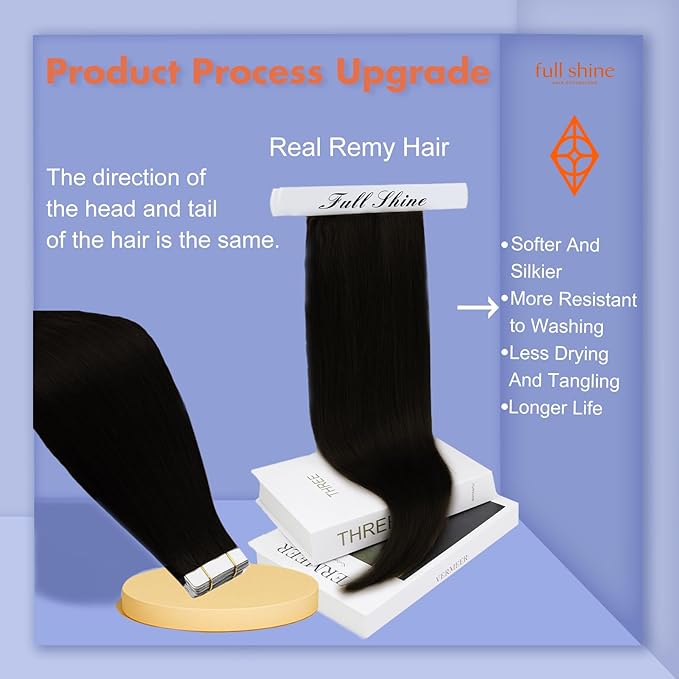 Full Shine Tape in Hair Extensions Human Hair Color 1 Jet Black Tape in Extensions 18Inch Straight Seamless Skin Weft 100G 40Pcs Invisible Extension for Women Add Volume