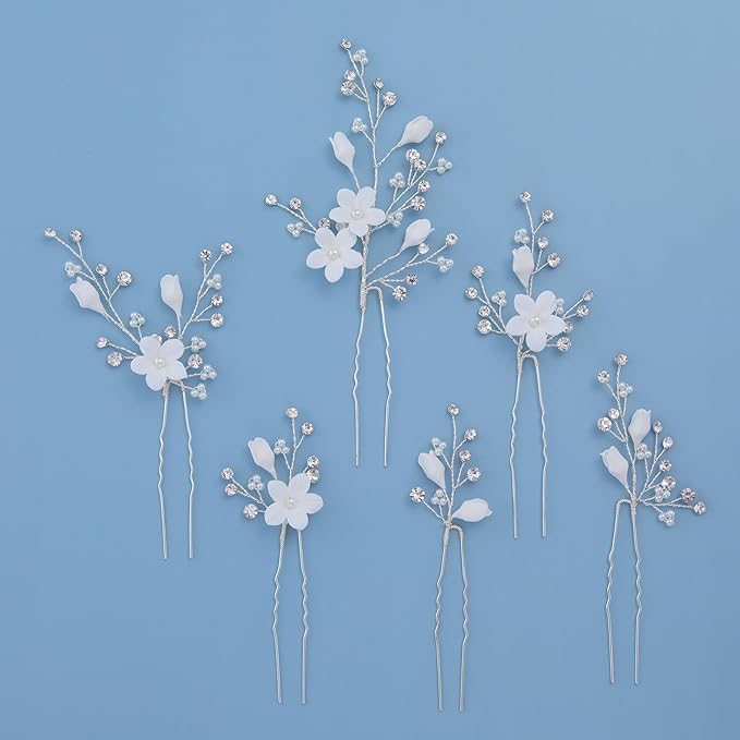 Flower Bridal Hair Pins Pearl Bride Wedding Hair Pieces Leaf U Shaped Hair Accessories Headpiece for Wedding Brides Women Girls（6 PCS） (Silver/Rhinestone White Flower)