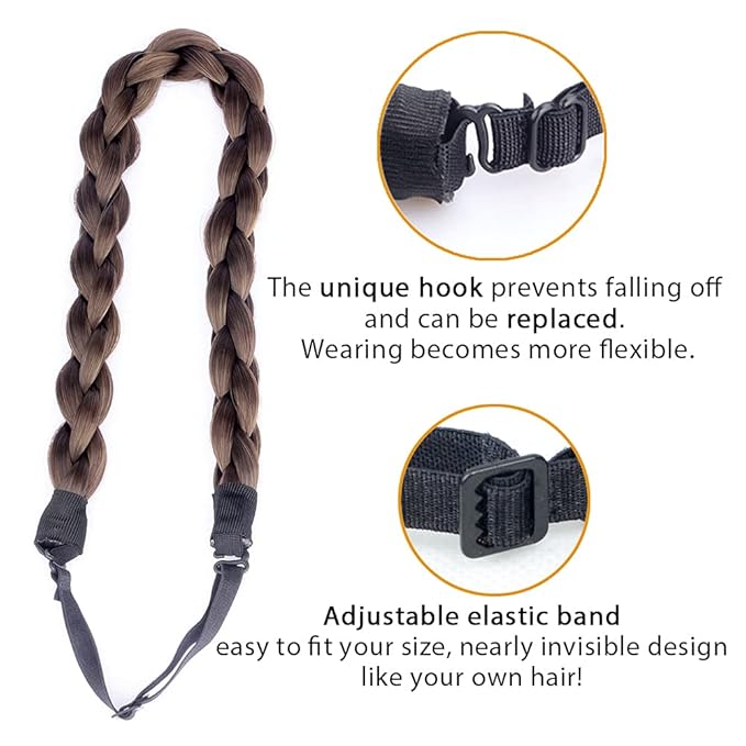 DIGUAN Chubby Narrow Synthetic Hair Braided Headband Classic Chunky Plaited Braids Elastic Stretch Hairpiece Women Girl Beauty accessory, 58g (Copper Brown)
