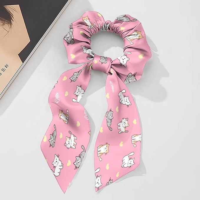 Dachshund Cat Elastic Hair Ties No Damage Ribbon 2 Piece Stylish Satin Hair Scrunchies for Women Travel Soft Ponytail Holder Knotted Bow