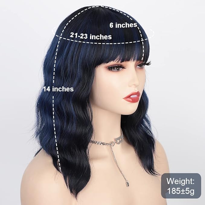 AISI HAIR Synthetic Wavy Bob Wig with Bangs, Dark Blue, 21-23 Inches