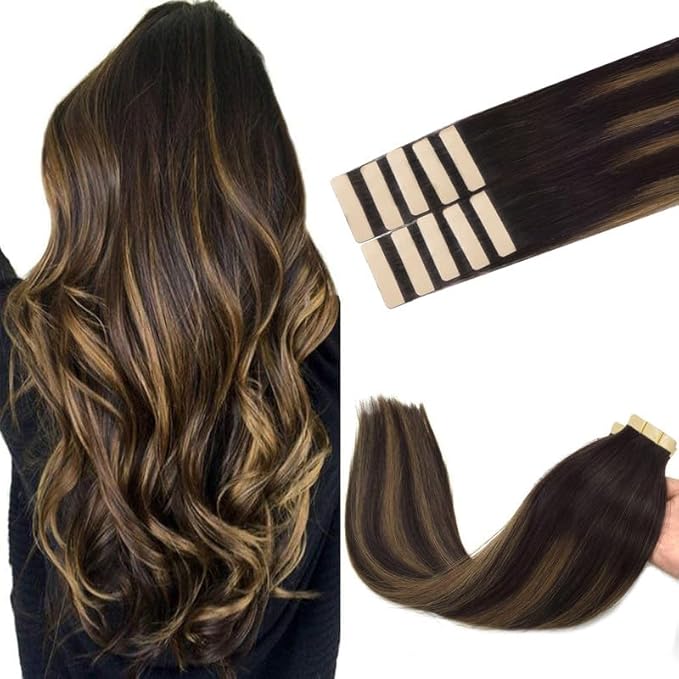 GOO GOO Tape in Hair Extensions Human Hair, 2/6/2 Balayage Dark Brown to Chestnut Brown, 18inch 25g 10pcs, Skin Weft Seamless Invisible, Silky Straight with Thick Ends, Remy Human Hair