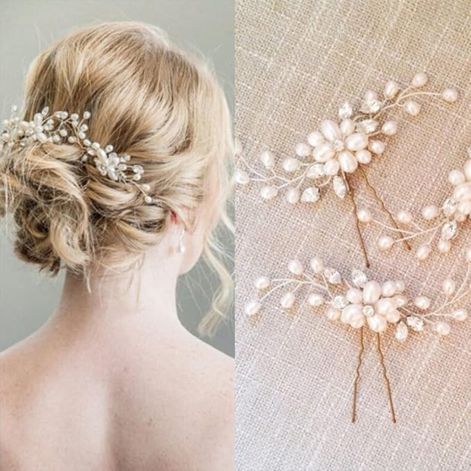 3PC Clysburtuony Bridal Hair Accessories for Women: Flower Side Hair Clips, Pearl Headpiece, Hair Pins (White Combs)