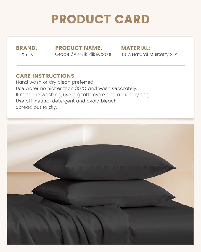 THXSILK Set of 2 Mulberry Silk Pillowcase for Hair and Skin, 100% Mulberry Silk, 19 Momme Both Sides Silk Bed Pillow Cover with Hidden Zipper, Hypoallergenic Silk Pillowcase (King Size 20"x36", Black)