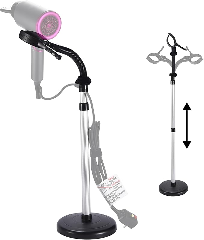 Bamodi Hair Dryer Holder Black - Hands-Free Hair Drying Metal Stand with 360° Rotation, Adjustable Height - Countertop or Wall Mount - Stylish and Convenient Storage Solution for Bathroom